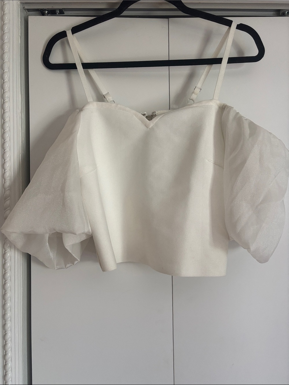 Ivory Off-Shoulder Puff Sleeve Crop Top with Adjustable Straps